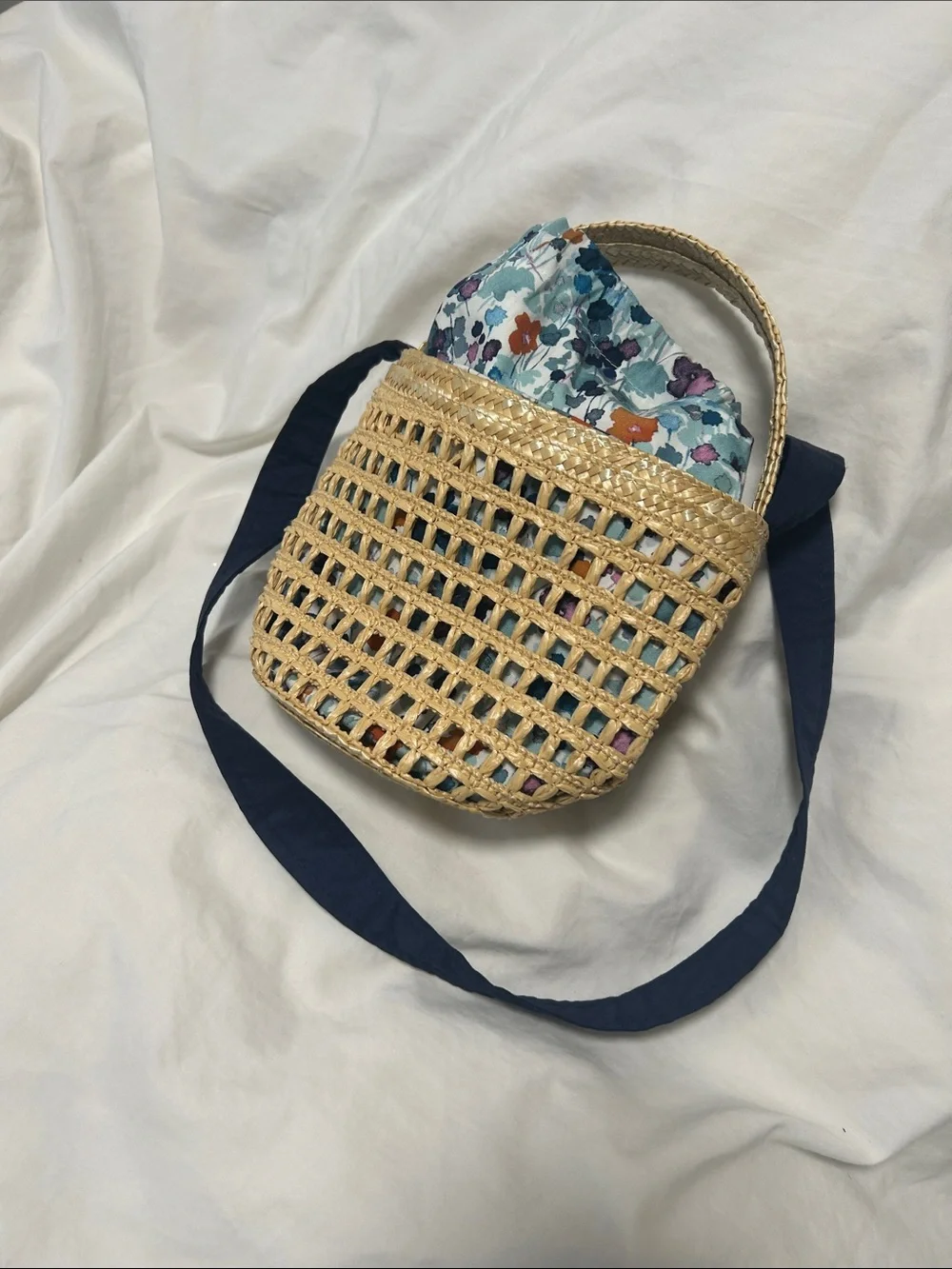 Il Gufo Straw Tote with Blue and Pink Floral Interior ( Liberty)